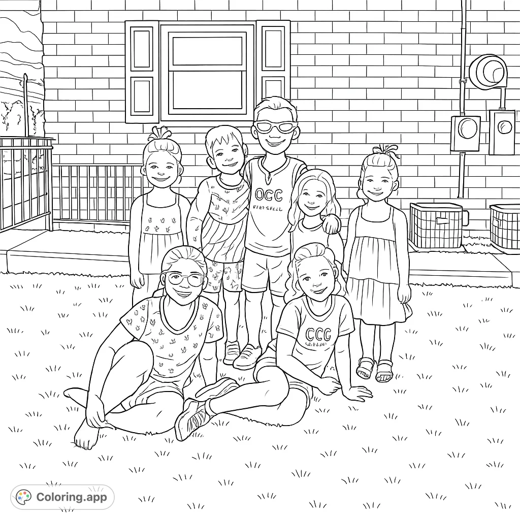 A joyful group of seven children, some in patriotic attire, gathered outdoors on a grassy lawn with a brick building background. Perfect for family fun.