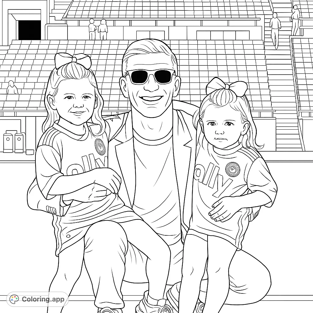 A heartwarming scene of a man and two girls at a soccer stadium, ready for a fun coloring adventure.