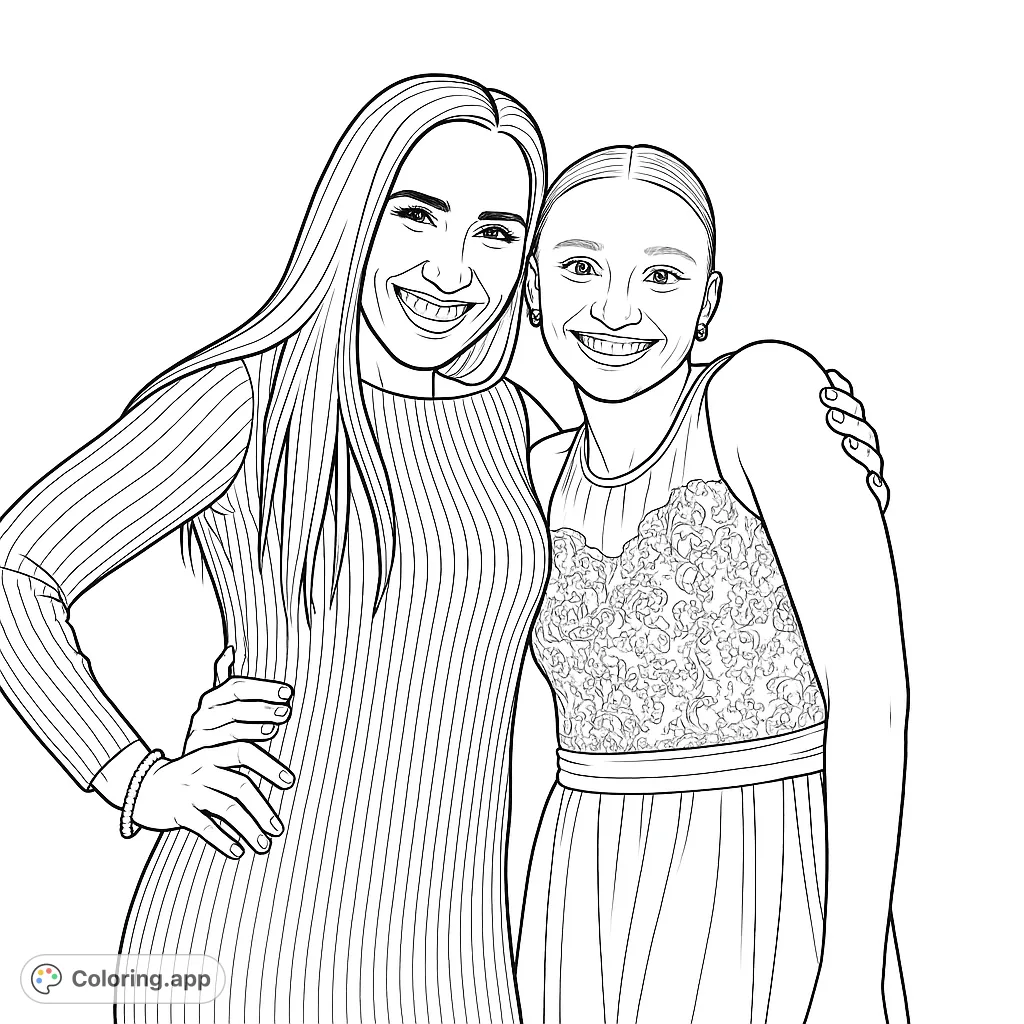 A heartwarming scene of two smiling women embracing, perfect for a friendship-themed coloring page. Features detailed clothing and joyful expressions.