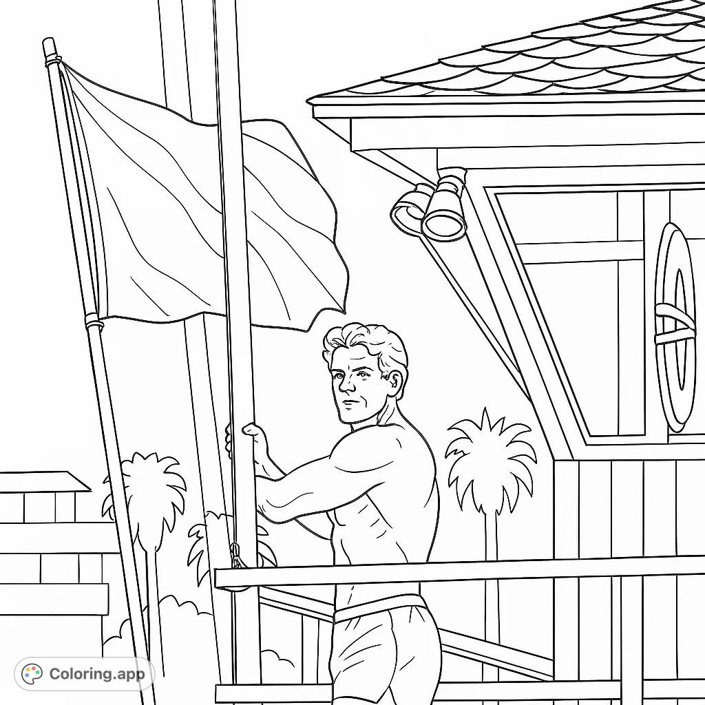 Dynamic lifeguard scene with a muscular man, red flag, and beach tower, perfect for summer coloring fun and relaxation.