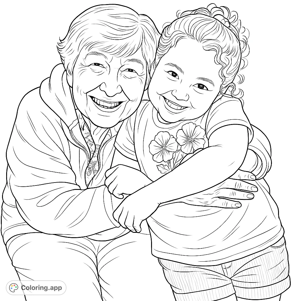 A heartwarming family coloring page featuring a grandmother and granddaughter sharing a loving embrace, full of joy and connection.
