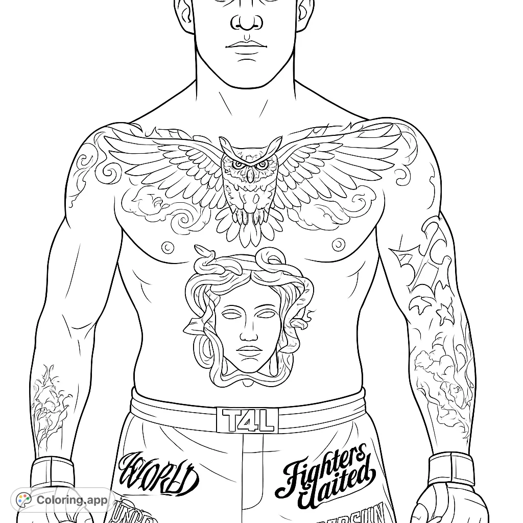 A powerful fighter adorned with intricate owl and Medusa tattoos, ready for action. A detailed coloring page for enthusiasts.
