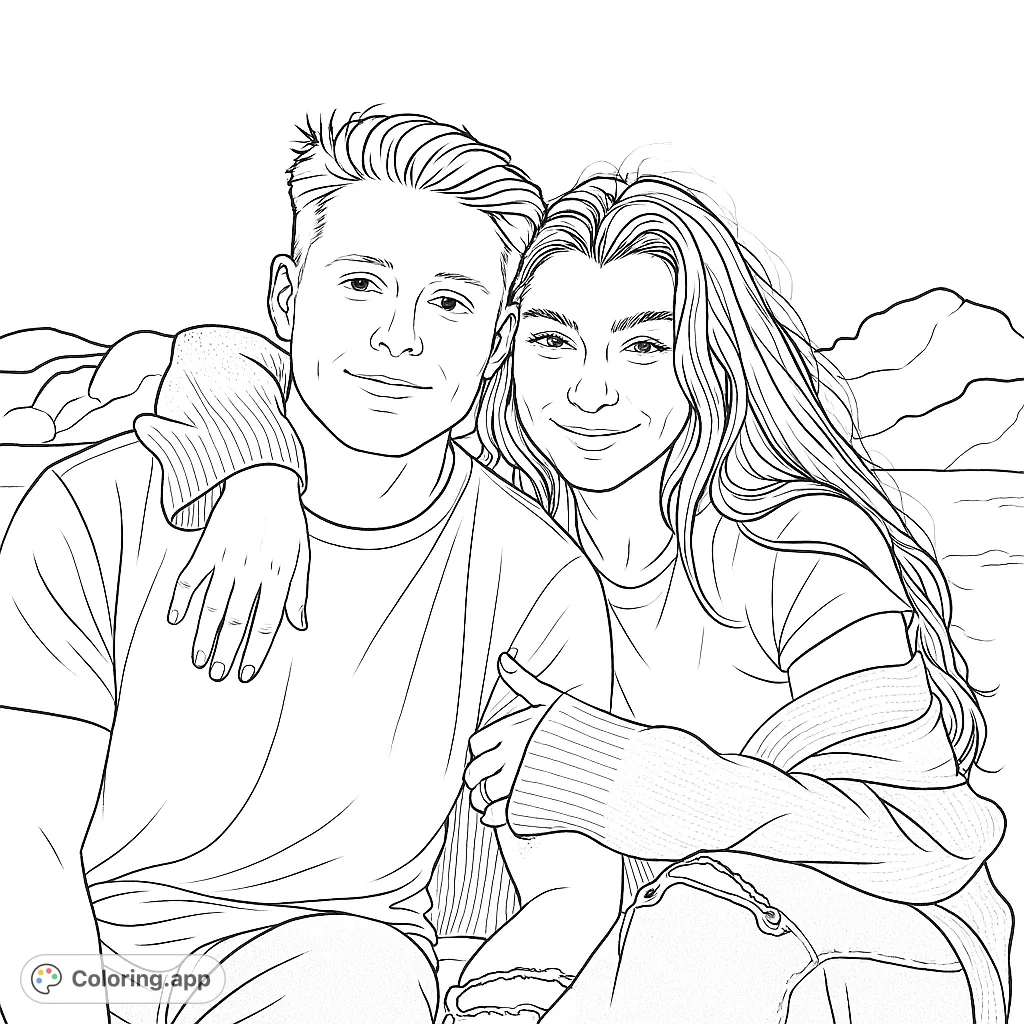 A loving couple embracing on a sandy beach, perfect for a romantic coloring escape. Capture their joy and the serene coastal setting.