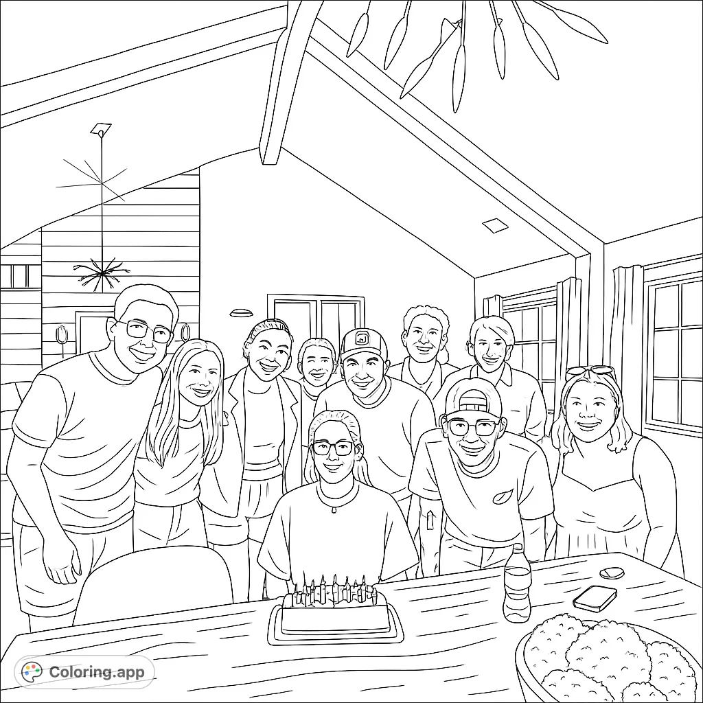 Celebrate with friends! A joyful group gathers around a birthday cake in a modern setting, perfect for a fun and engaging coloring experience.