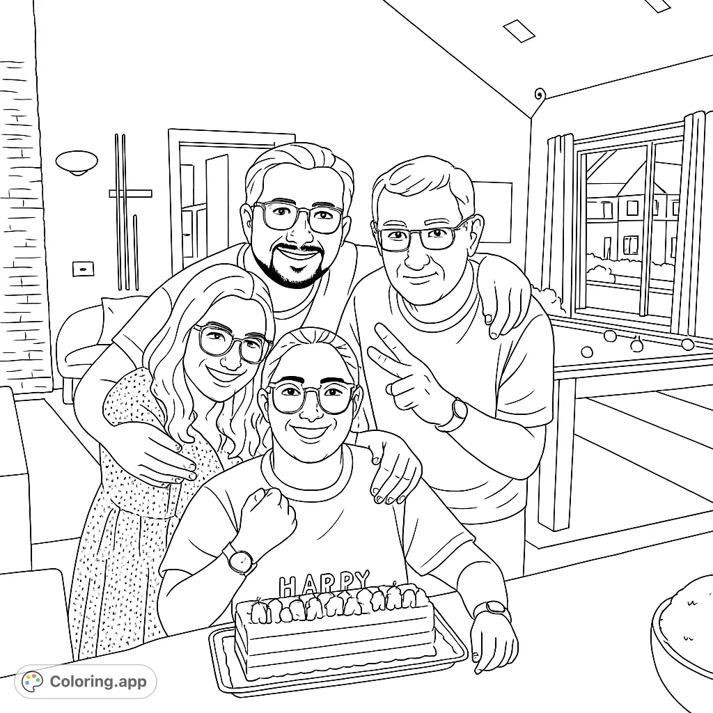 Celebrate a joyous family birthday with this intricate coloring page featuring four smiling individuals, a festive cake, and a detailed modern room.
