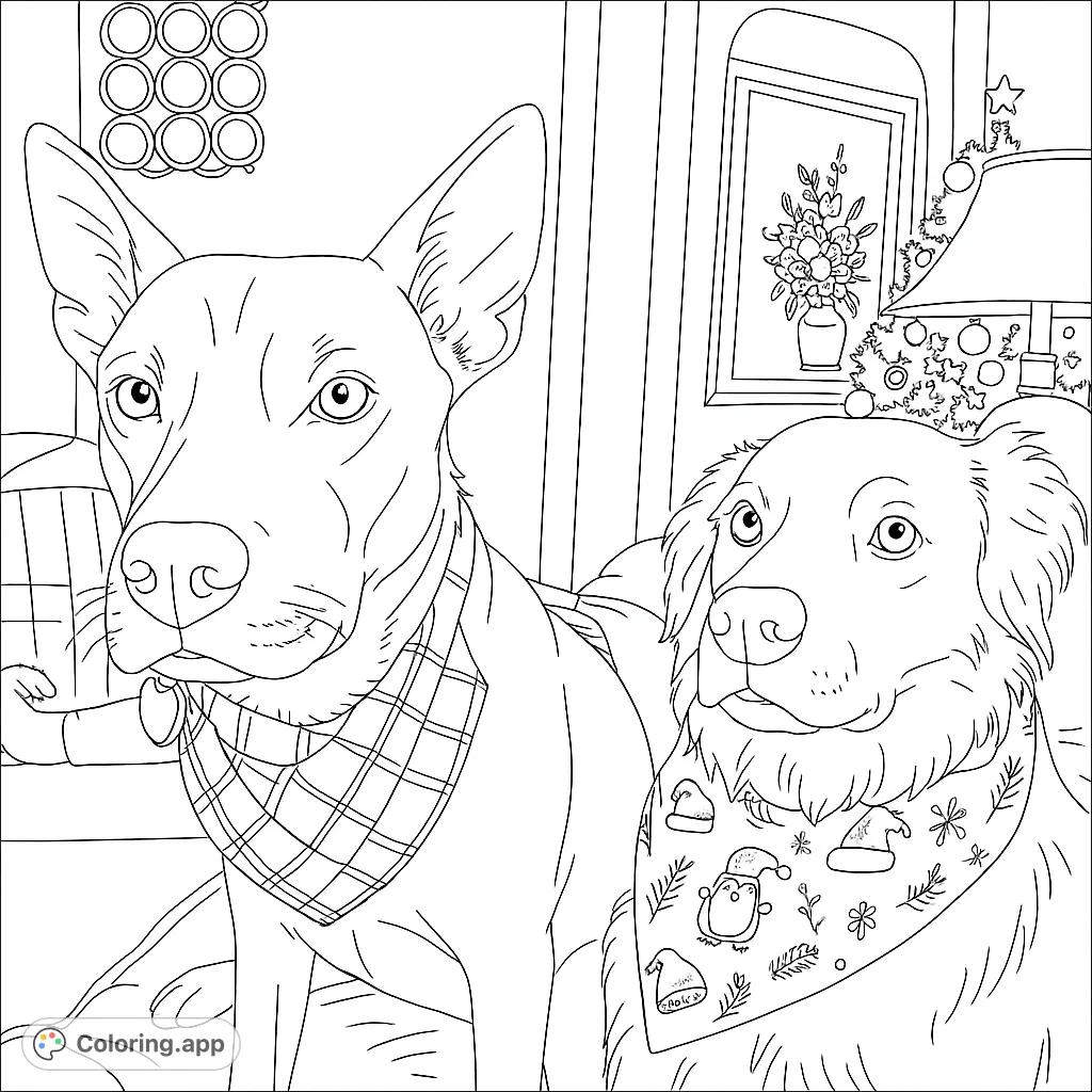 Two adorable dogs, one tan with plaid, one white with penguins, ready for festive coloring fun. Perfect for pet lovers!
