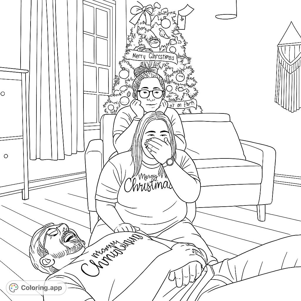 Capture holiday joy with this festive family fun coloring page! Three people in a playful stack, surrounded by a decorated Christmas tree.