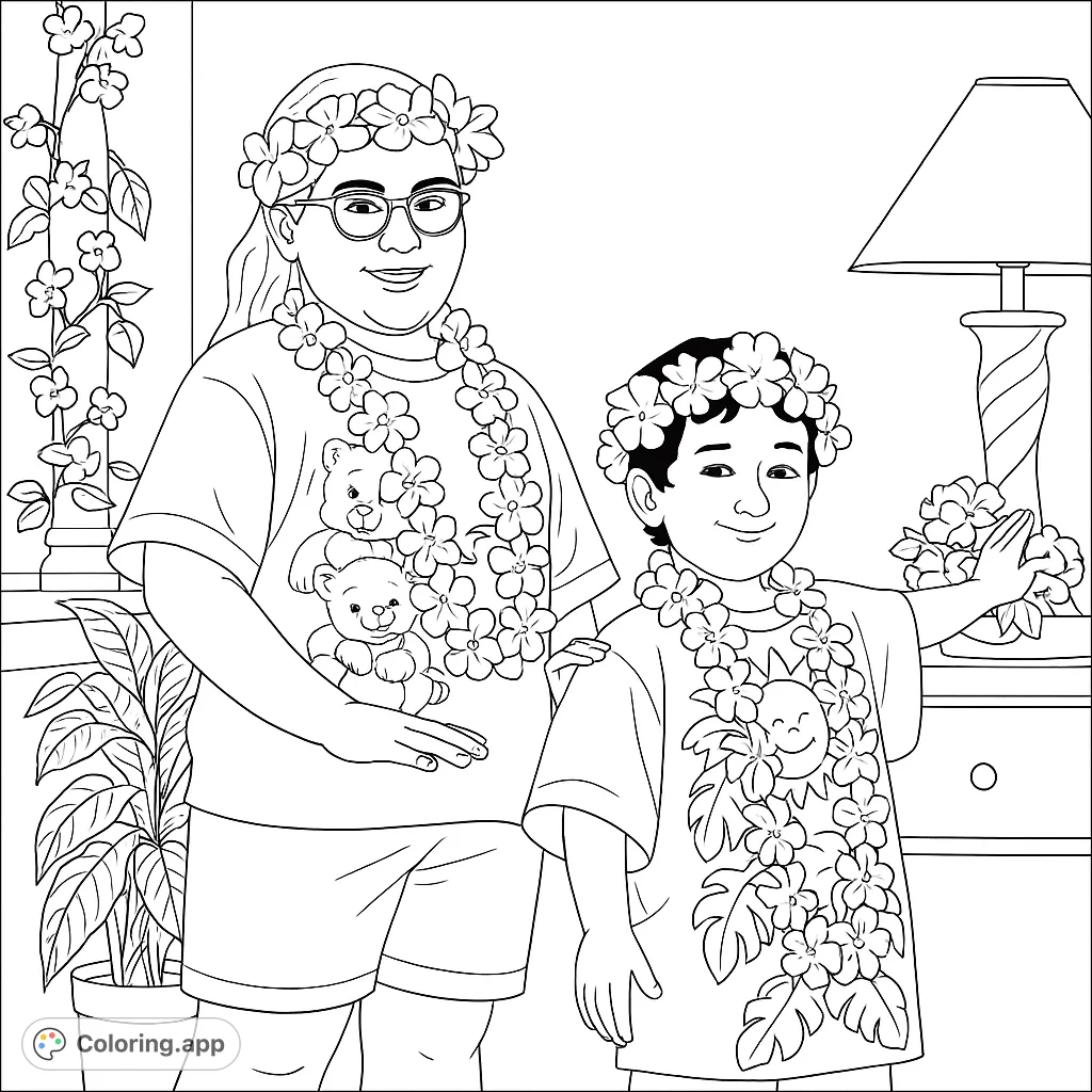 Two joyful children in Hawaiian leis and flower headbands, ready for a luau. Features detailed floral patterns and playful expressions.