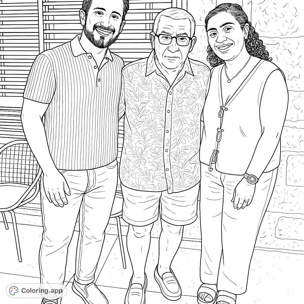 A heartwarming group portrait of three smiling individuals, perfect for a family-themed coloring page, capturing connection and joy.