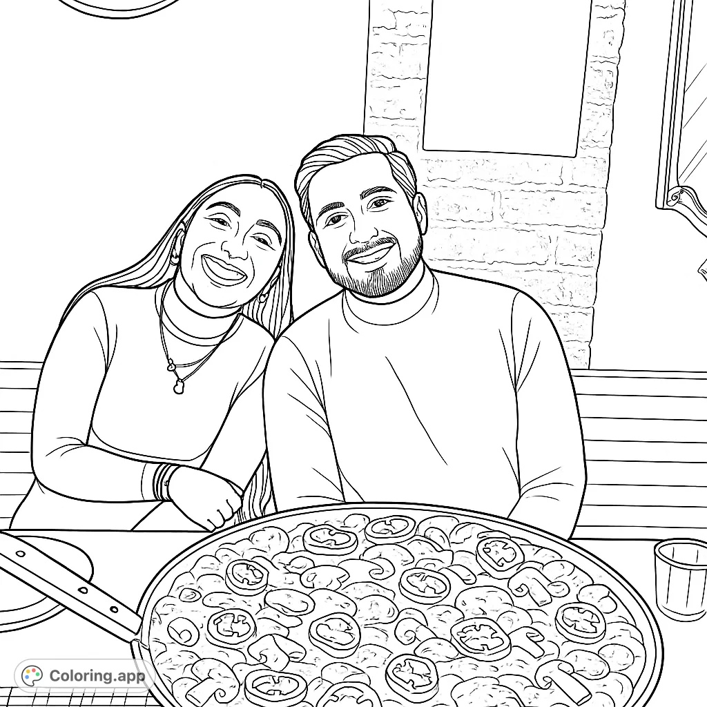 A happy couple enjoys a large pizza with diverse toppings at a cozy restaurant, perfect for a fun and engaging coloring experience.
