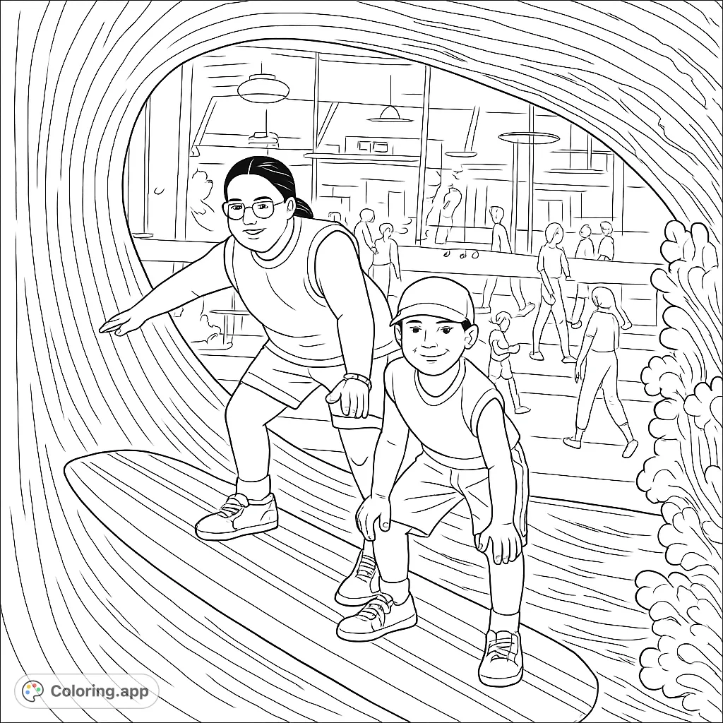 Two happy kids ride a giant wave on a surfboard, ready for an exciting ocean adventure. Perfect for young surf enthusiasts!