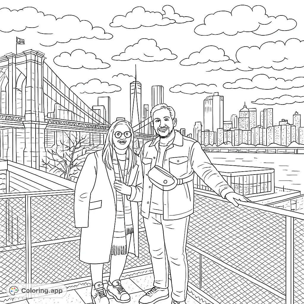 Color a couple on a NYC rooftop with the Brooklyn Bridge and Manhattan skyline. A detailed cityscape adventure awaits your creative touch!