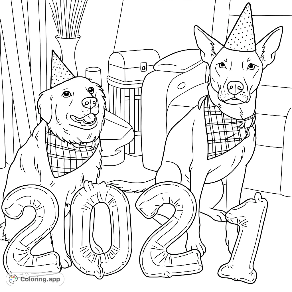 Celebrate with two adorable dogs in party hats and bandanas, surrounded by festive balloons. A fun and engaging scene for all ages.