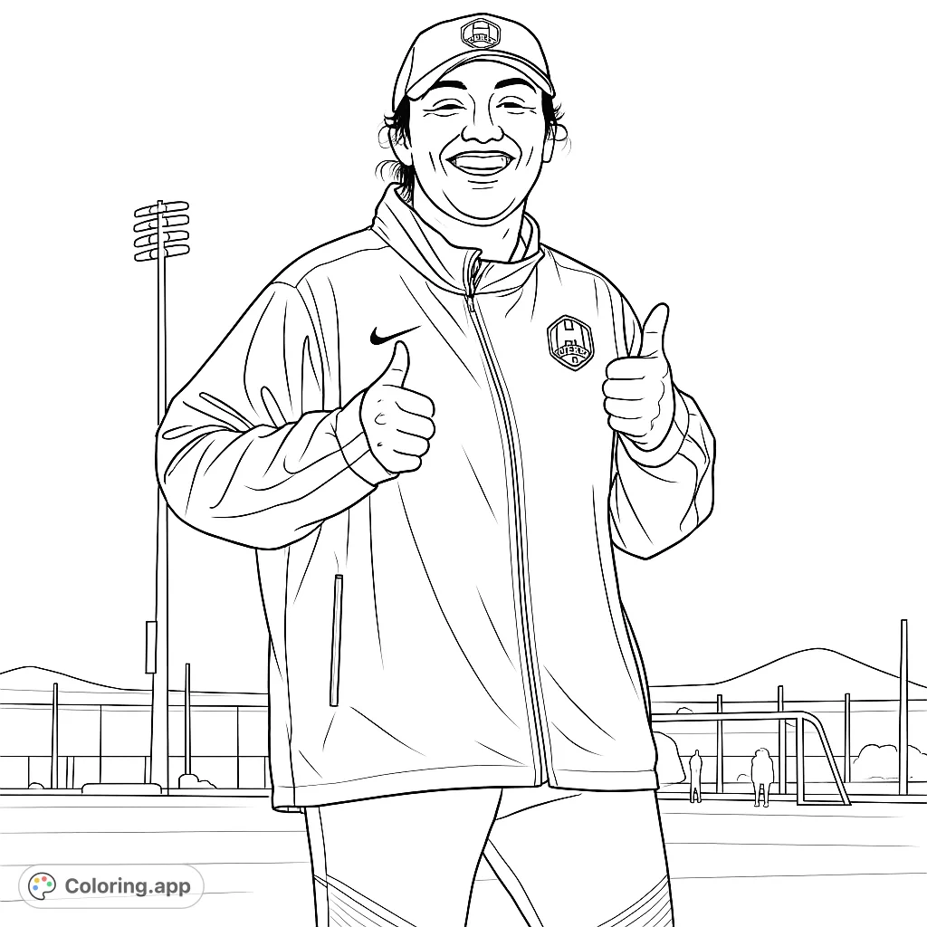 A cheerful athlete gives two thumbs up on a sports field, ready for action. A dynamic and inspiring sports coloring page for all ages.