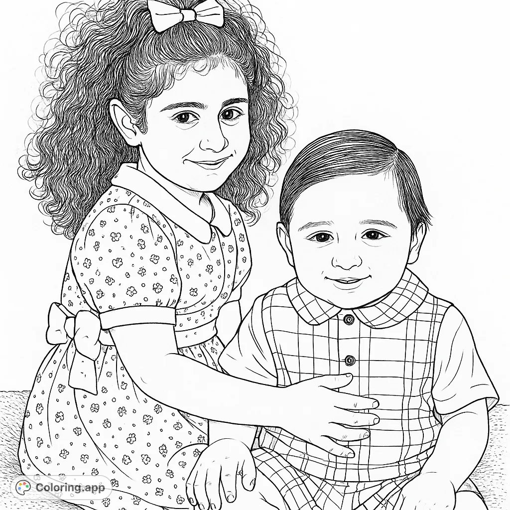An adorable siblings coloring page featuring a girl with curly hair embracing her younger brother in a plaid romper, perfect for family fun.