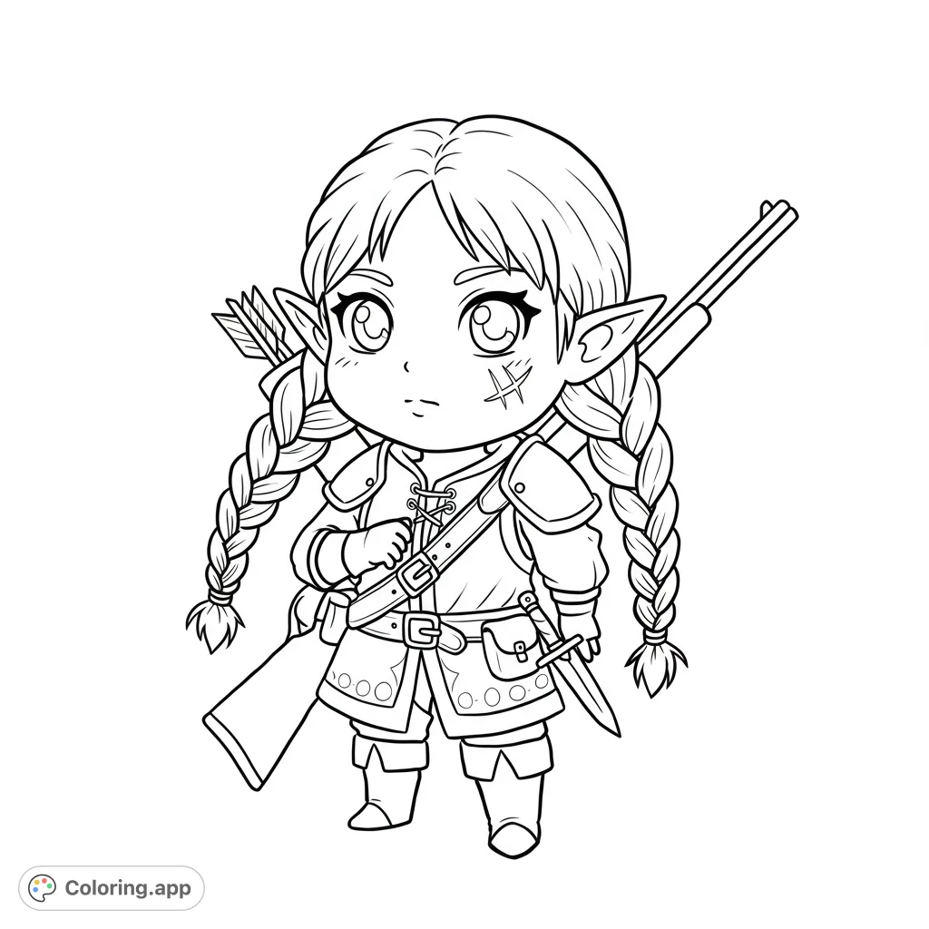 An adorable chibi gnome ranger with long braids, a rifle, and a scar, ready for adventure. A free printable fantasy coloring page for all ages.
