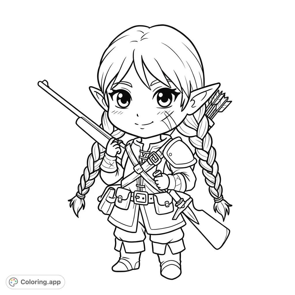 An adorable chibi gnome ranger with long braids, a rifle, and a scar, ready for adventure. A free printable fantasy coloring page for all ages.