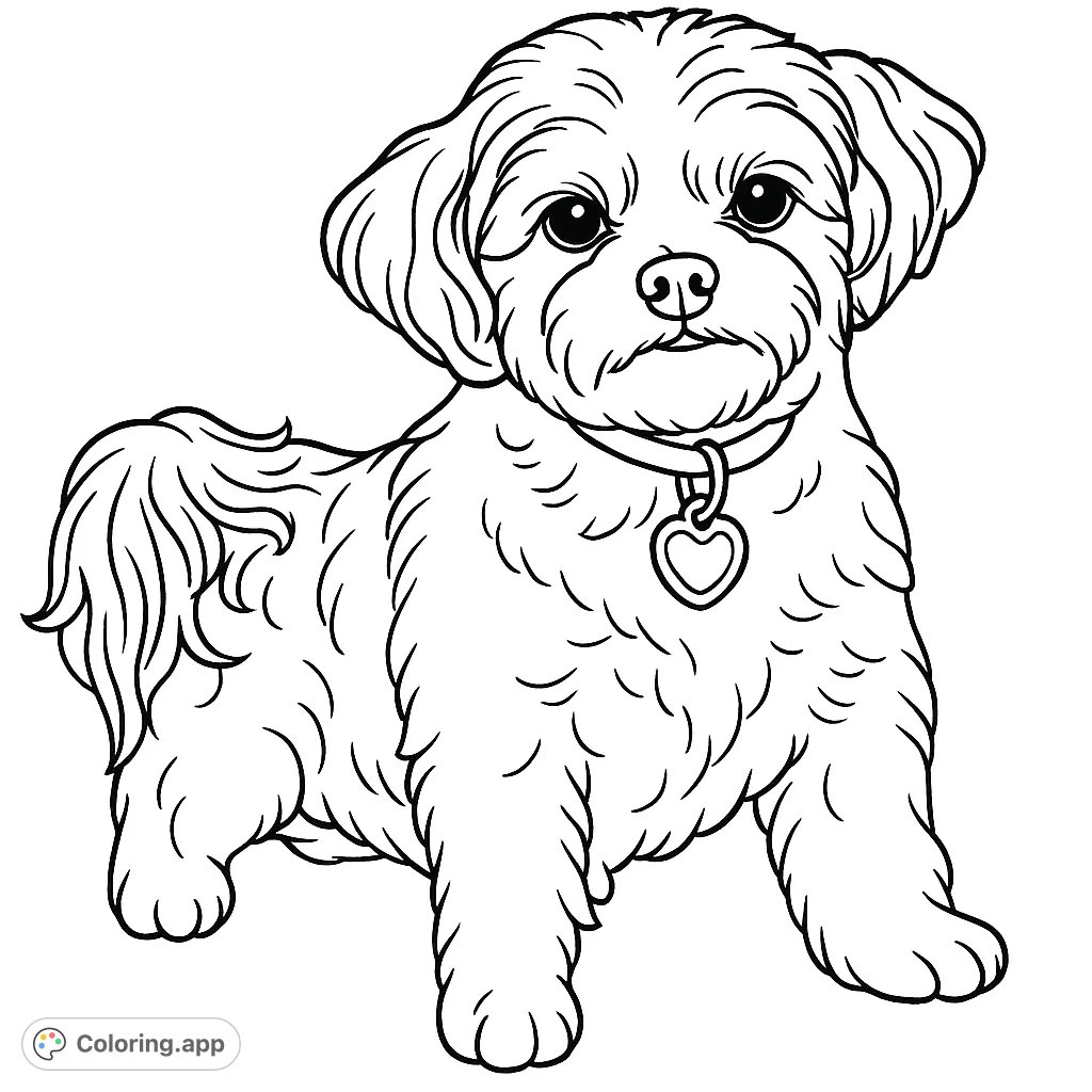 A delightful fluffy dog coloring page, perfect for pet lovers. Features a charming canine with expressive eyes and detailed fur textures.