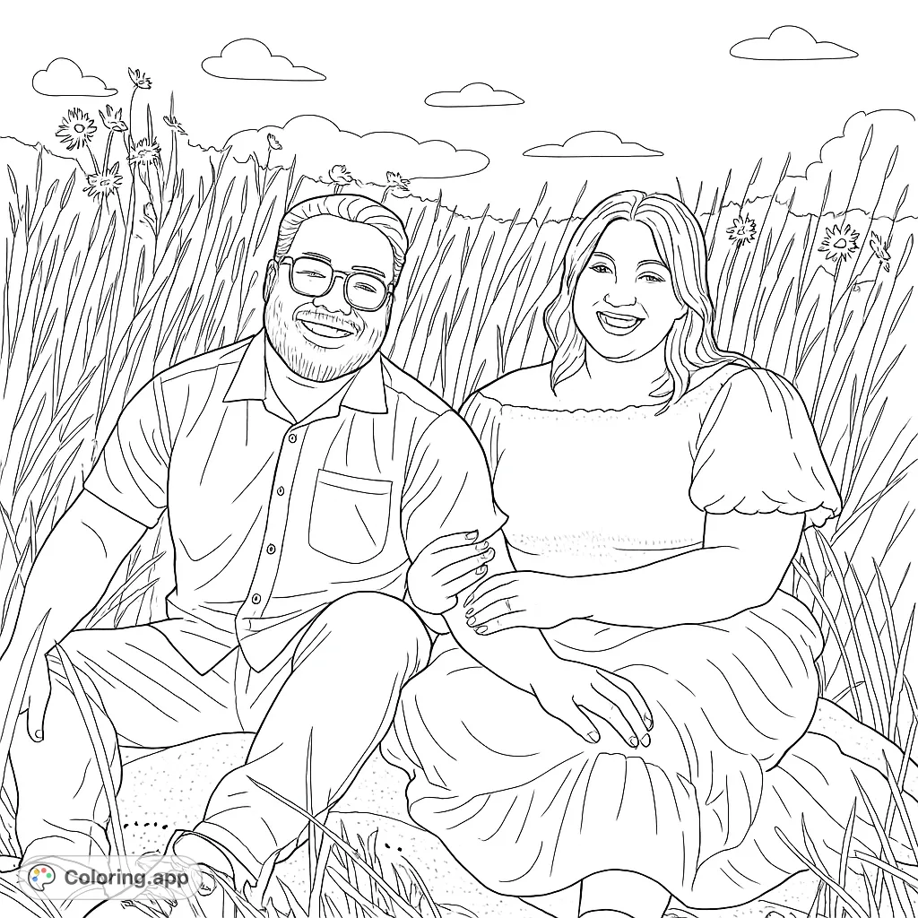 A joyful couple sits on a blanket in a tall grassy field, smiling. Perfect for a relaxing nature-themed coloring page.