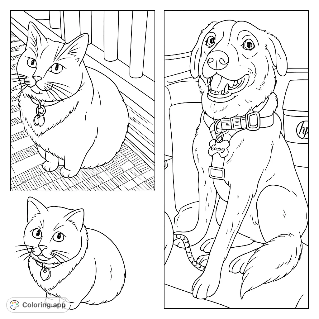 A charming duo featuring a tuxedo cat on a deck and a happy dog in a car, ready for creative coloring fun. Perfect for animal lovers!