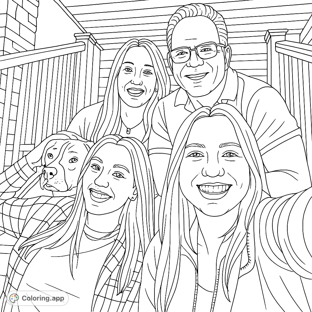 A heartwarming family portrait featuring four smiling individuals and their beloved dog on a porch, perfect for a detailed coloring experience.