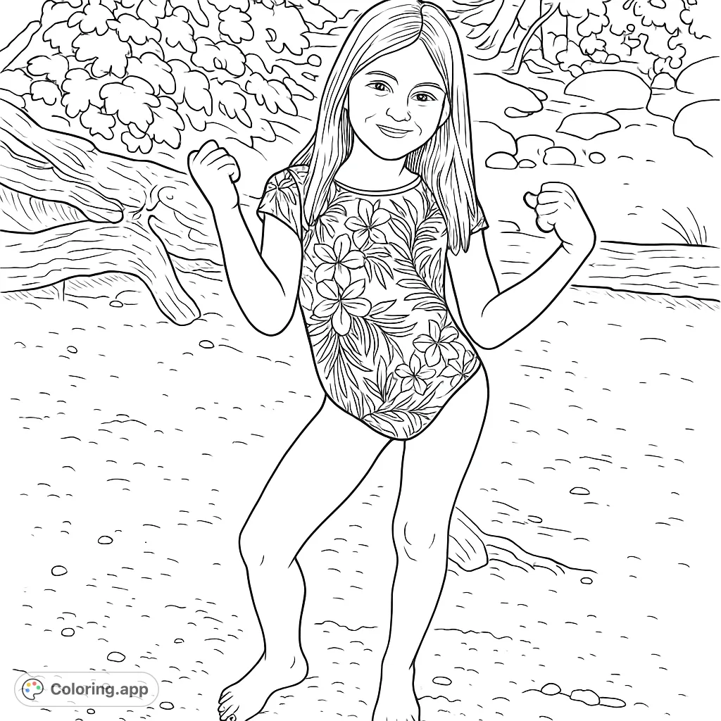 A cheerful girl in a floral swimsuit, flexing her arms, standing on a sandy ground with natural elements in the background. Perfect for summer fun!
