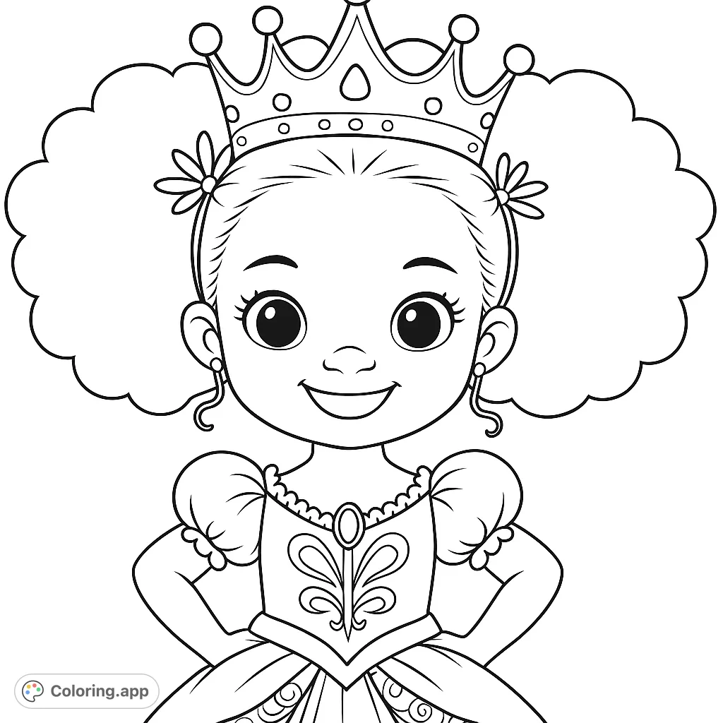 A delightful princess coloring page featuring a smiling girl with a crown and elegant gown, perfect for imaginative play and creative expression.