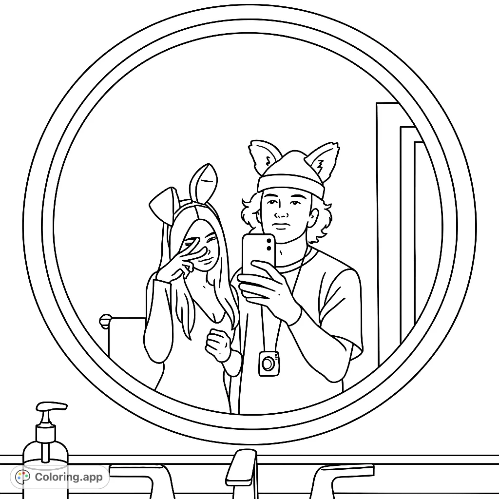 A fun mirror selfie of two friends in playful animal ear costumes, perfect for creative coloring and adding vibrant details to their unique outfits.