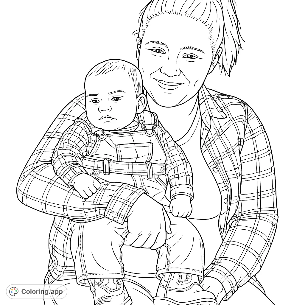 A tender mother and child portrait, featuring detailed plaid and denim textures, perfect for a heartwarming coloring experience.
