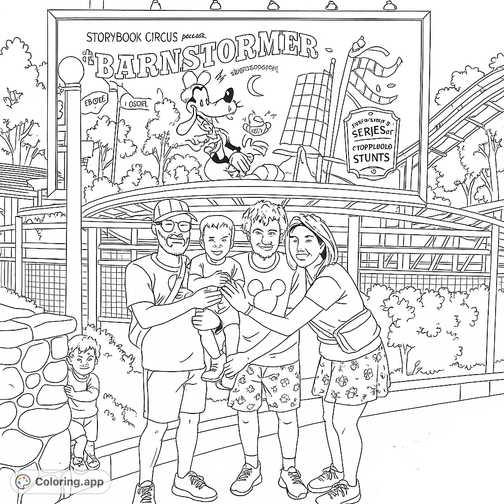 An exciting Barnstormer circus coloring page featuring Goofy, biplanes, and a checkered tower, perfect for adventure-themed coloring fun.