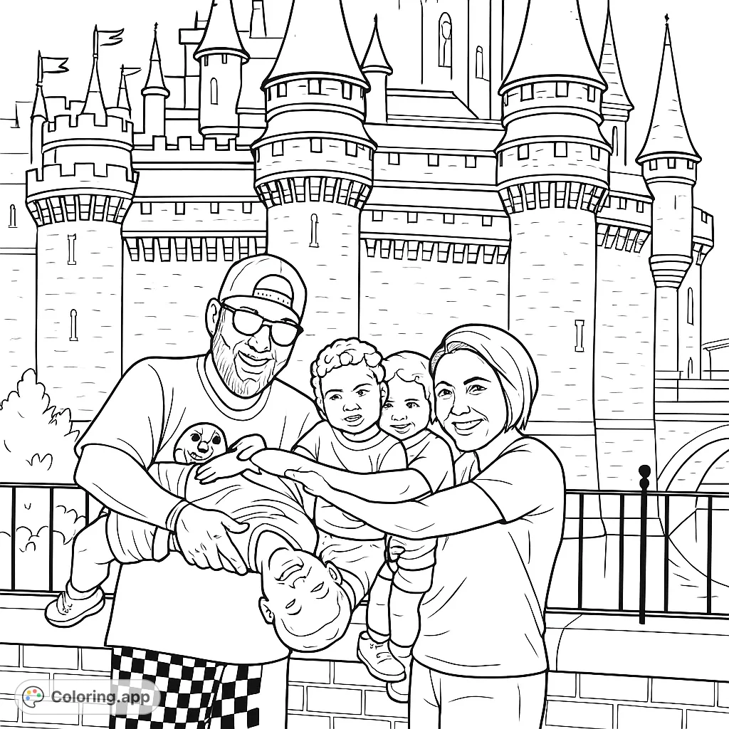 A happy family poses playfully in front of a majestic castle, featuring intricate architecture and a fun, memorable scene for all ages to color.