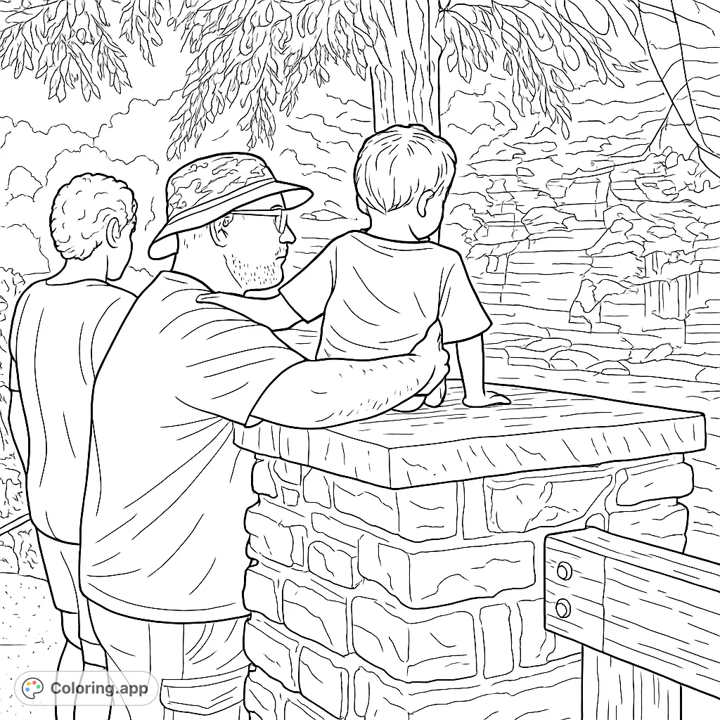 A touching family moment by a river, featuring a man holding a child on a stone wall, overlooking cliffs and lush trees. A nature scene coloring page.