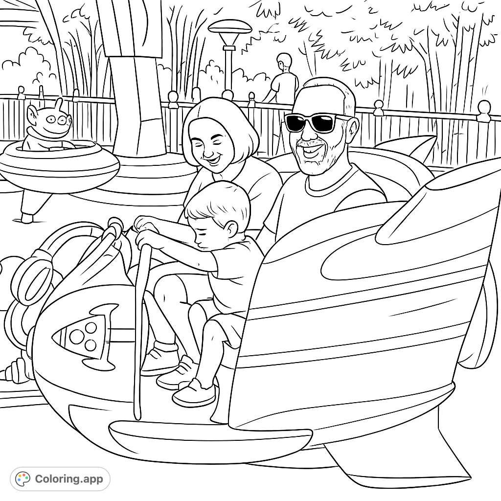 A family enjoys a thrilling rocket ride at an amusement park, with a friendly alien nearby. Perfect for a fun, adventurous coloring experience.