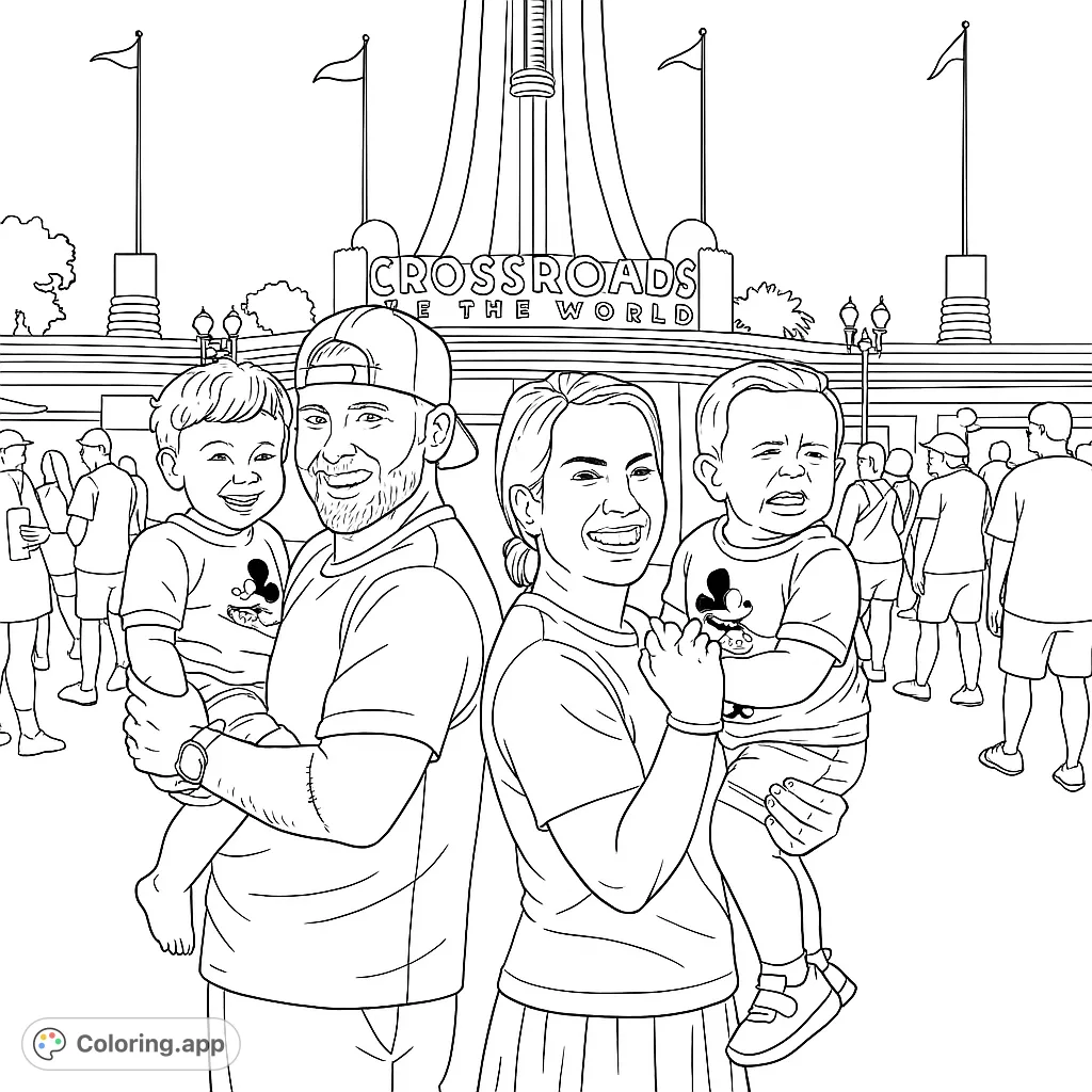 A happy family of four, two adults holding their children, enjoying a theme park day in front of an iconic landmark.