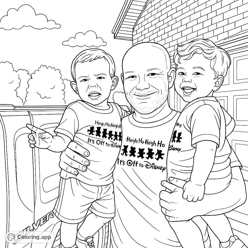 A heartwarming family portrait featuring a smiling father holding two young children, set against a house and truck. Perfect for family fun.