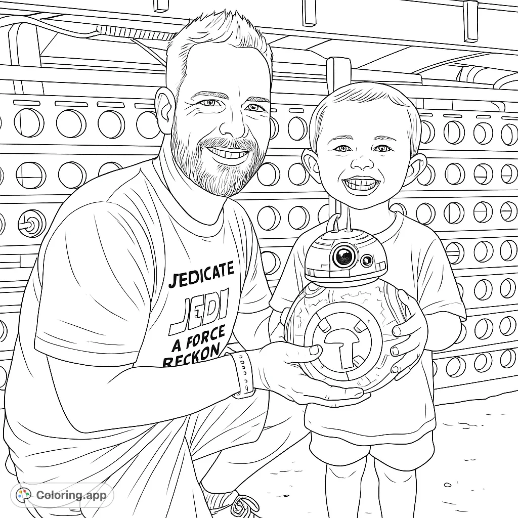 Join a father and son on a futuristic adventure with their friendly droid. A heartwarming sci-fi scene perfect for all ages.