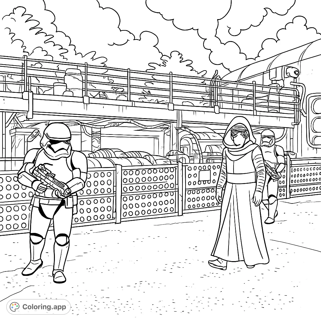 Kylo Ren and Stormtroopers patrol a detailed sci-fi outpost. A dynamic scene for fans of futuristic adventures, perfect for creative coloring.