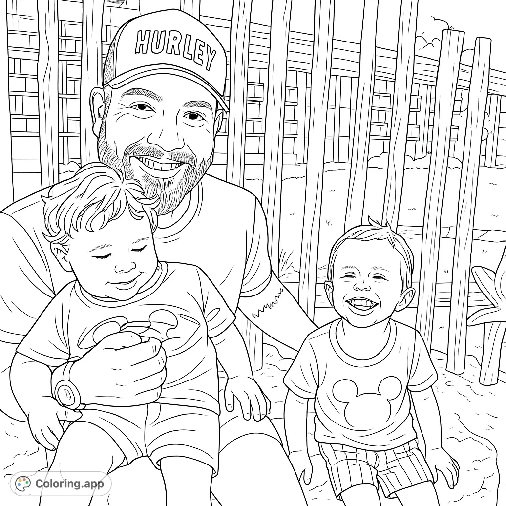 A happy father with his two smiling children, enjoying an outdoor moment by a rustic fence. Perfect for family-themed coloring.
