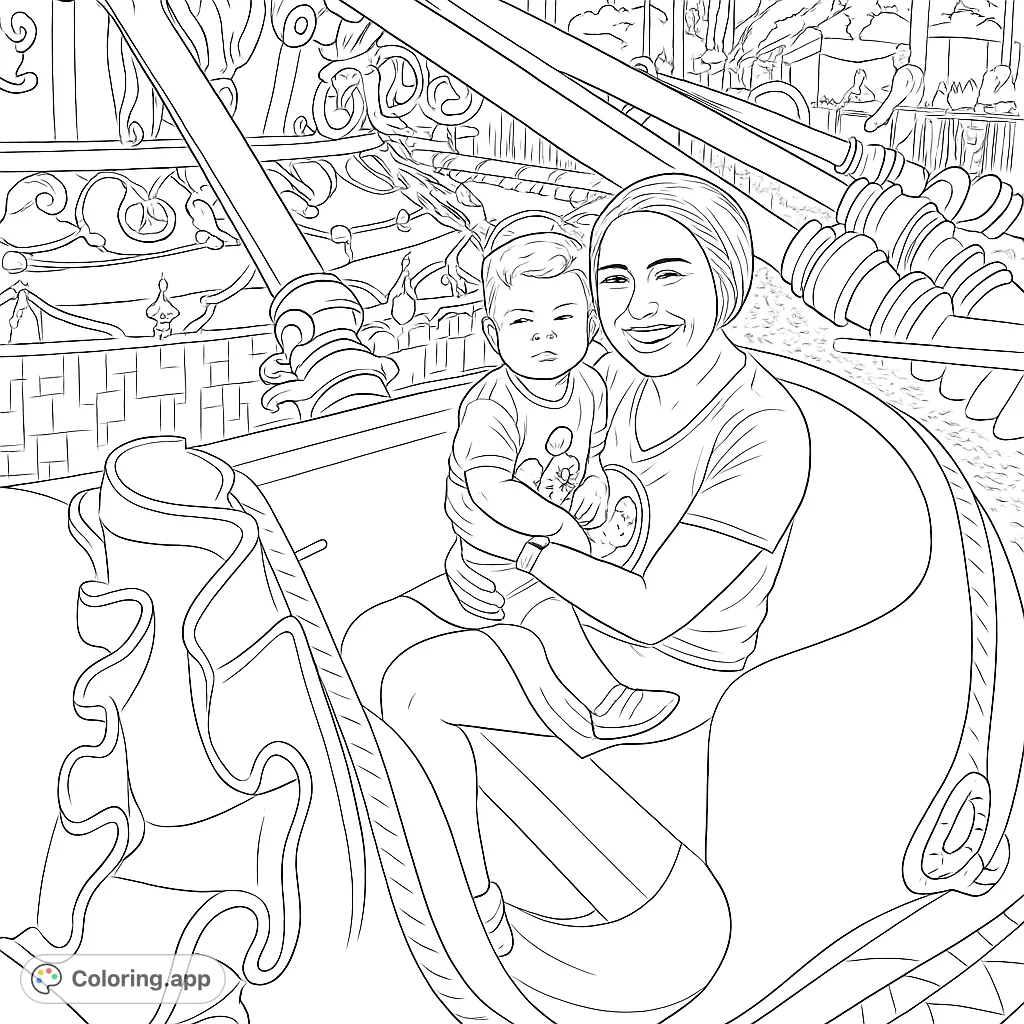 A happy mother and child enjoy a whimsical elephant ride at an amusement park, surrounded by ornate details and splashing water.