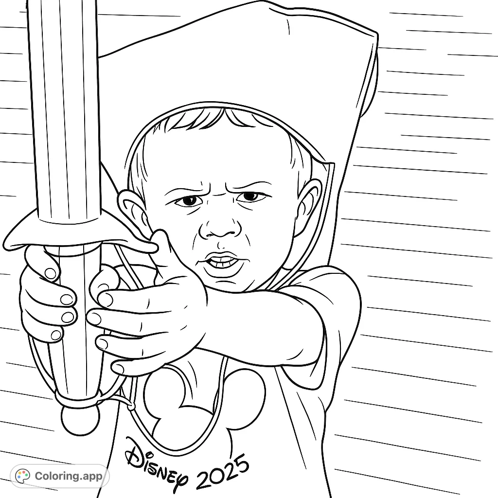 A determined little pirate in a tricorn hat, holding a sword and pointing forward. A fun adventure-themed coloring page for all ages.