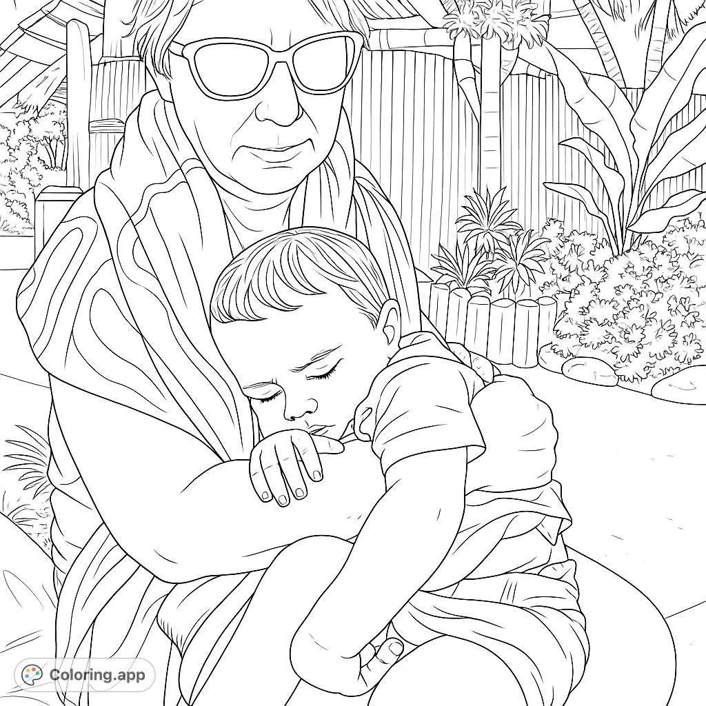 A tender moment: an adult cradles a sleeping child in a tropical setting. Perfect for a comforting and heartwarming coloring experience.