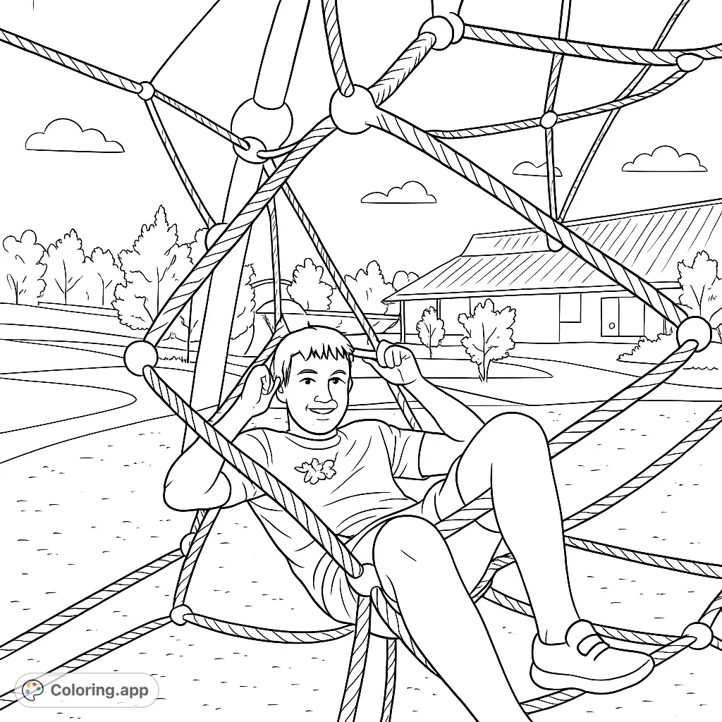 A joyful person relaxing in a dynamic rope climbing net at a sunny park, perfect for a fun and engaging playground adventure coloring page.