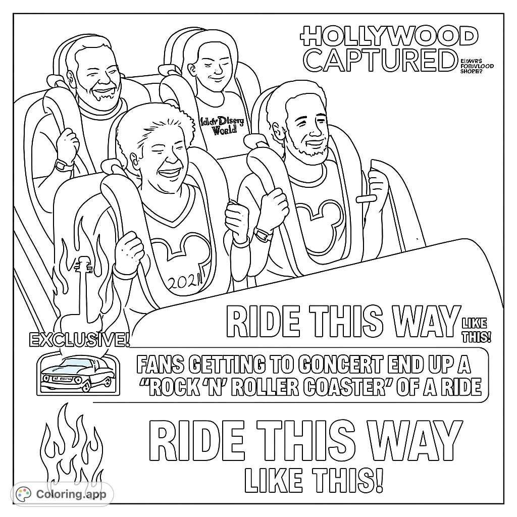 Experience the excitement of a roller coaster ride! Four happy passengers on a thrilling adventure, perfect for a fun coloring escape.