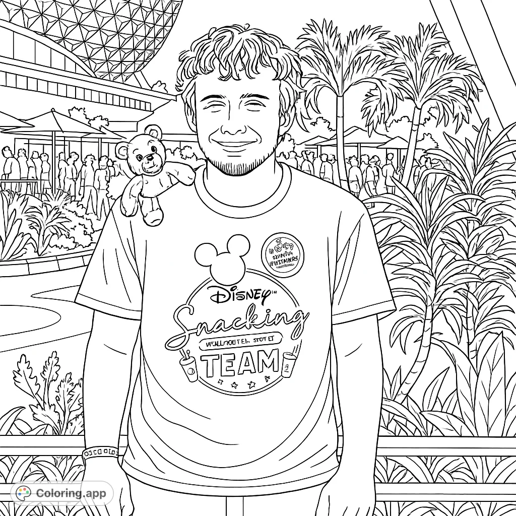 A fun theme park scene featuring a young man with a cute character on his shoulder, set against iconic park landmarks. Perfect for all ages!