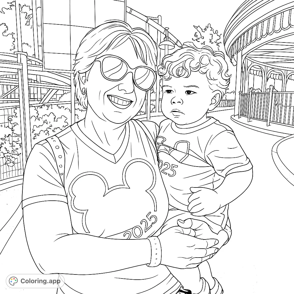 A heartwarming theme park scene featuring a smiling woman holding a child, set against a backdrop of iconic rides and cheerful atmosphere.