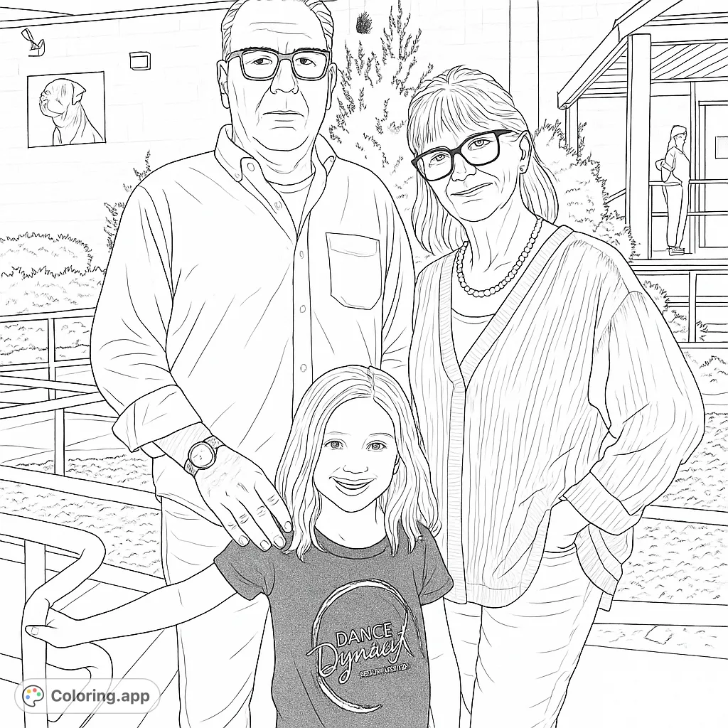 A heartwarming family portrait coloring page featuring two adults and a smiling child, perfect for personalizing with your favorite colors.