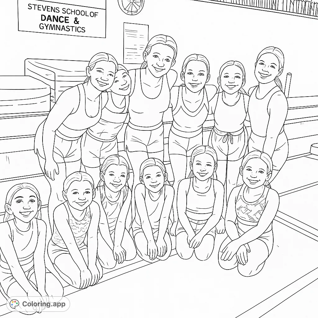 A joyful group of gymnasts posing in their studio, ready for a fun coloring challenge. Perfect for sports enthusiasts and aspiring athletes!