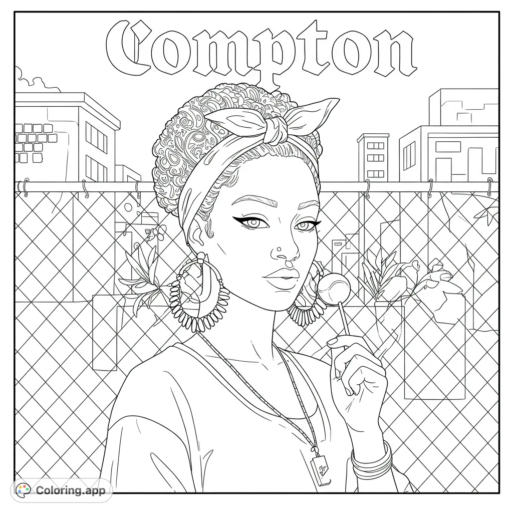 A vibrant Compton coloring page featuring a stylish Black woman with bamboo earrings and a sucker, set against a backdrop of urban elements.