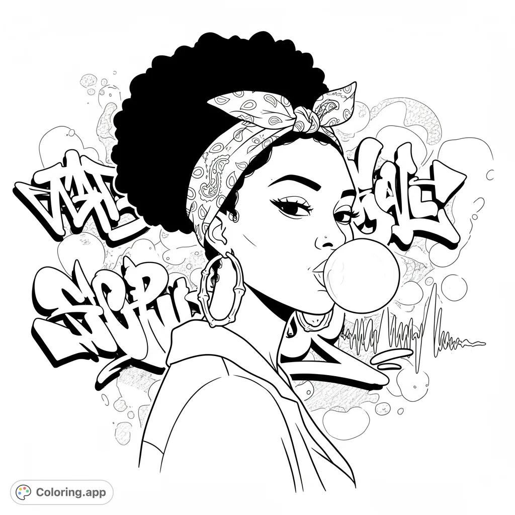 A sassy Black woman with bandana and bamboo earrings blows a bubble gum bubble, set against a dynamic backdrop of graffiti and sound waves. Perfect for urban art lovers!