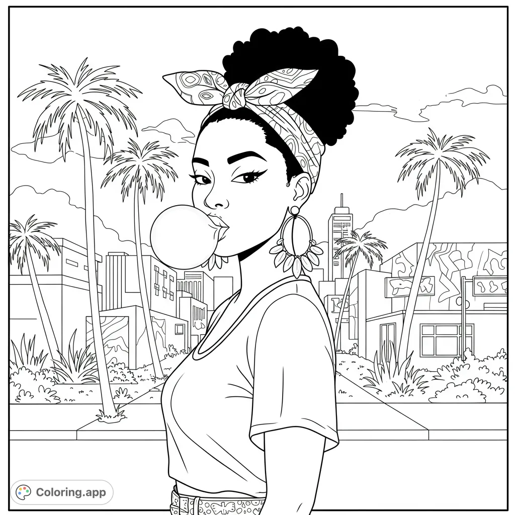A sassy young Black woman with bamboo earrings and a bandana blows bubble gum on a stylized Compton street. A vibrant Compton coloring page, free printable.